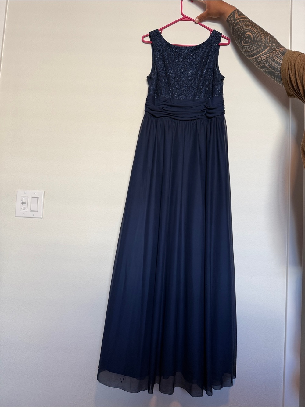 Navy Lace Bodice Sleeveless Evening Gown